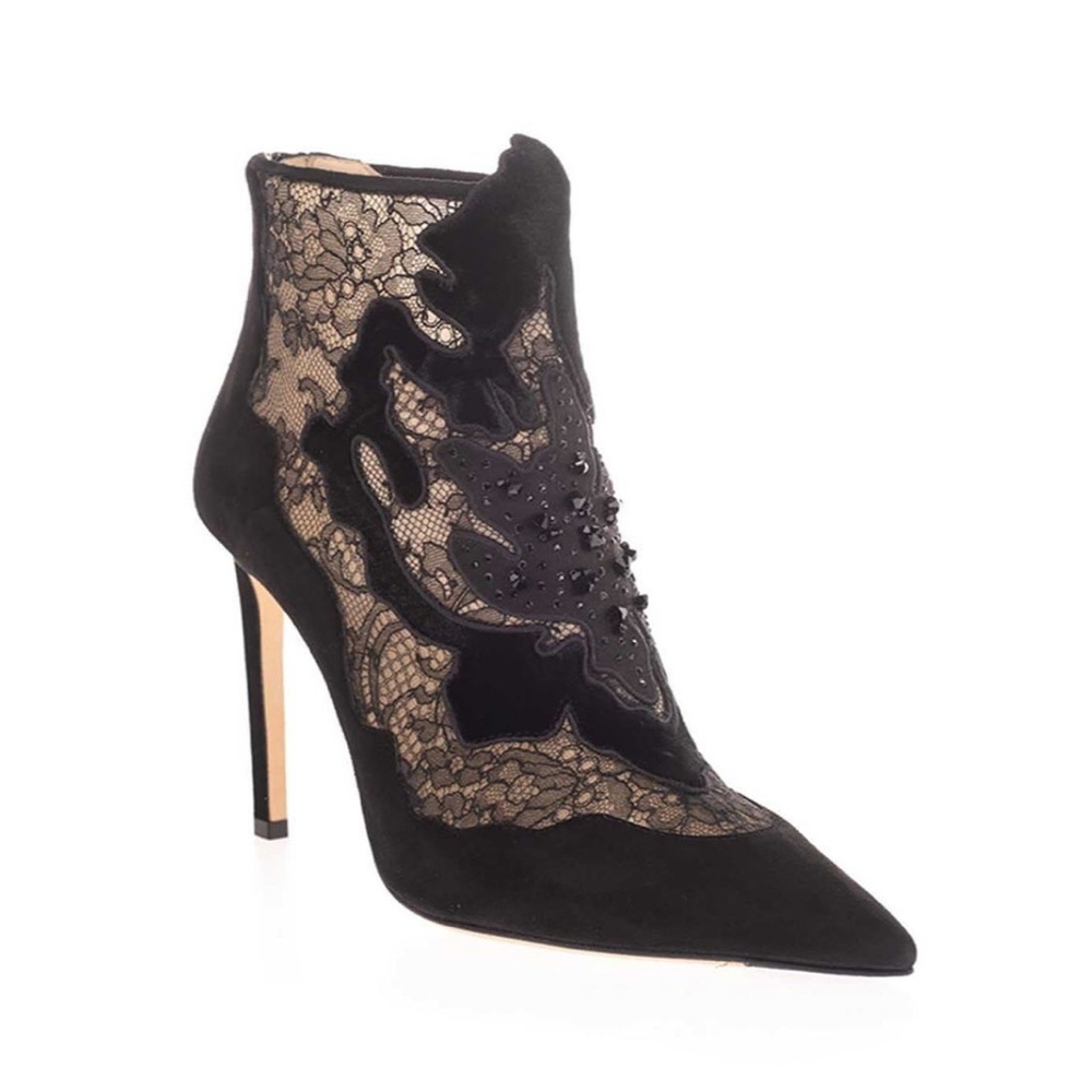 Jimmy Choo Lorre 100 Suede and Lace Heeled Black Ankle Boots Size 38